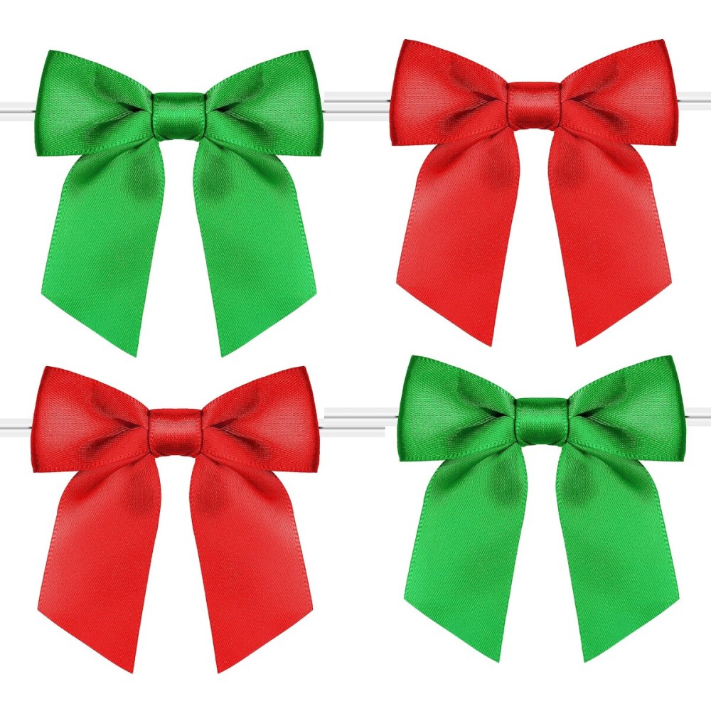 Rainbow Pana 60 Pack Red Bows and Green Bows for St Patricks Day, Christmas, Twist Tie Bows for Treat Bags 3 Satin Ribbon Bows for Package Craft Gift Wrapping Decoration