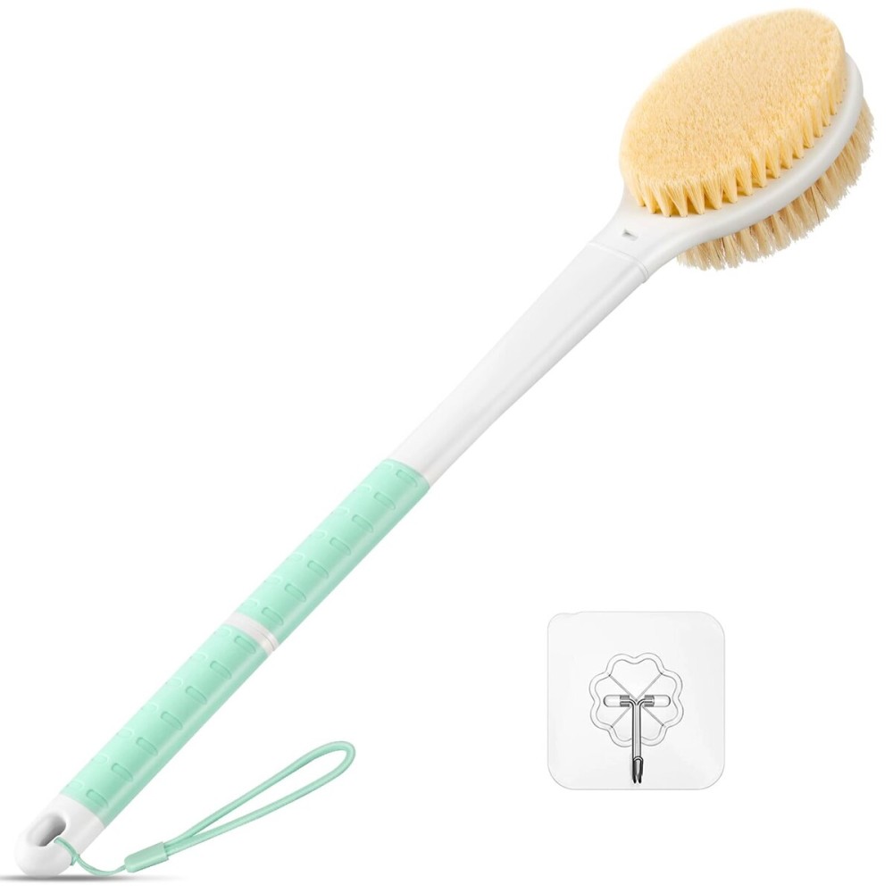 Back Scrubber Body Shower Brush: Anti Slip Long Handle Bath Brush with Stiff and Soft Bristles - Showering Exfoliator Wet or Dry Brushing for Women, Men, Elderly (Mint Green)