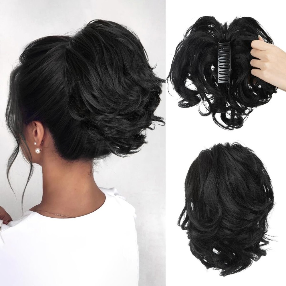 CJL HAIR Claw Clip Short Ponytail Hair Extensions DIY Bendable Metals Messy Bun Hair Piece for Wonen Wavy Curly Synthetic Fake Hairpieces Jet Black