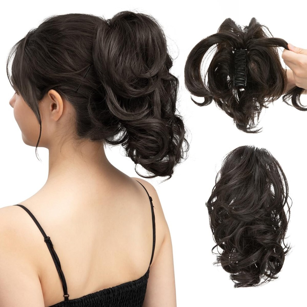 CJL HAIR Claw Clip Short Ponytail Hair Extensions DIY Bendable Metals Messy Bun Hair Piece for Wonen Wavy Curly Synthetic Fake Hairpieces Black Brown