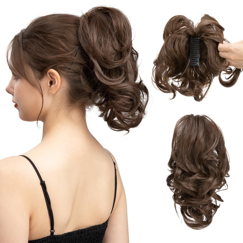 CJL HAIR Claw Clip Short Ponytail Hair Extensions DIY Bendable Metals Messy Bun Hair Piece for Wonen Wavy Curly Synthetic Fake Hairpieces Medium Brown