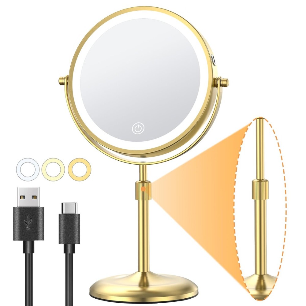 Gospire 7 Lighted Makeup Mirror with Magnification 10X/1X, Height Adjustable & 3 Color Dimmable Lights, 360 Swivel Double Sided Light up Rechargeable LED Cosmetic Vanity Cordless Standing Mirror