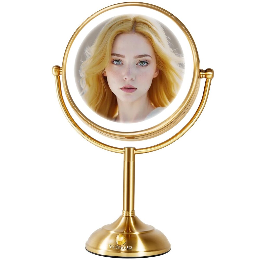 VESAUR 8.5\'\' Large Gold Lighted Makeup Mirror, 1X/10X Clear Seamless Magnifying Mirror, Bright Vanity Mirror with 3 Colors Dimmable Lights, Two-Sided 360Rotation Stable Base, Luxury Nickel, Gift Box