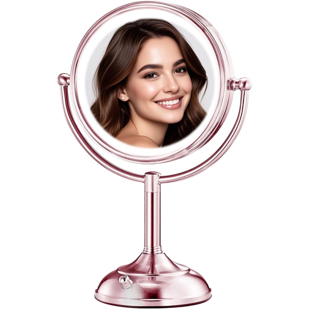 VESAUR Lighted Makeup Mirror Rose Gold Nickel, Double Sided 1X/10X HD Undistorted Magnifying Mirror, 8.5 Vanity Mirror with 3 Colors Dimmable 90 Bright LEDs, 360Swivel Two Power Supply, Luxury Gifts