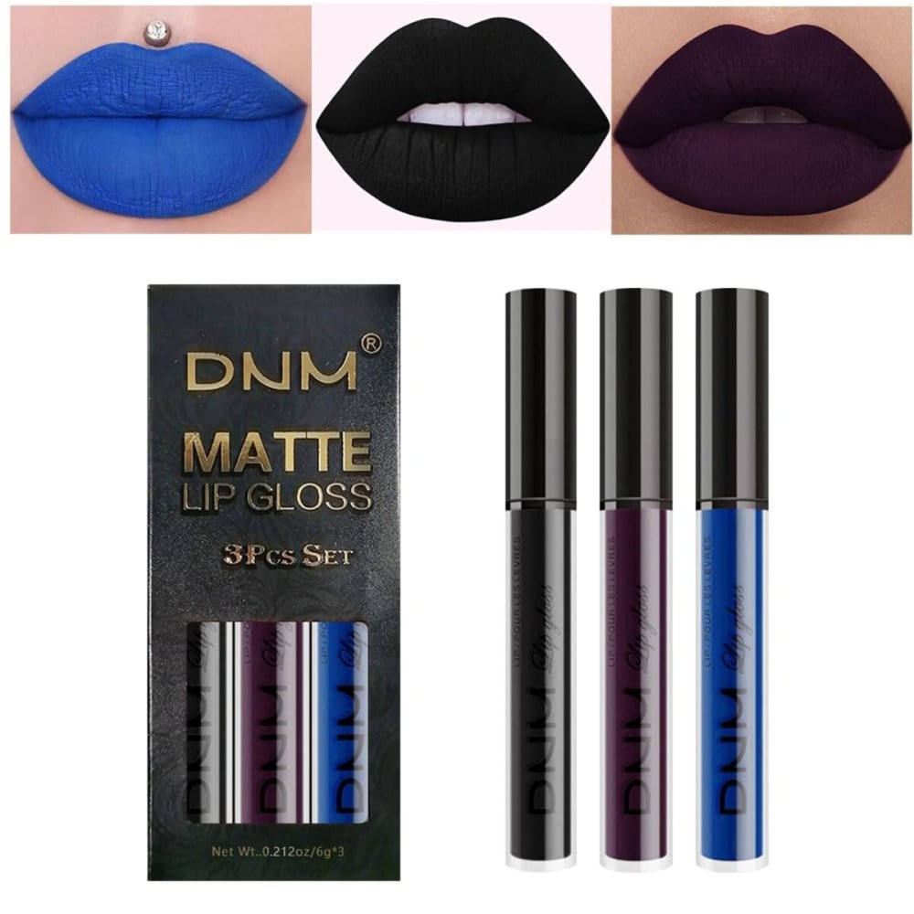 AMY\'S DIARY 3Pcs Matte Liquid Lipstick Sets, Blue Dark Black Purple Matte Lipstick Lip Stain Long Lasting 24 Waterproof Lip Gloss Gift Set for Women Lippies (07)