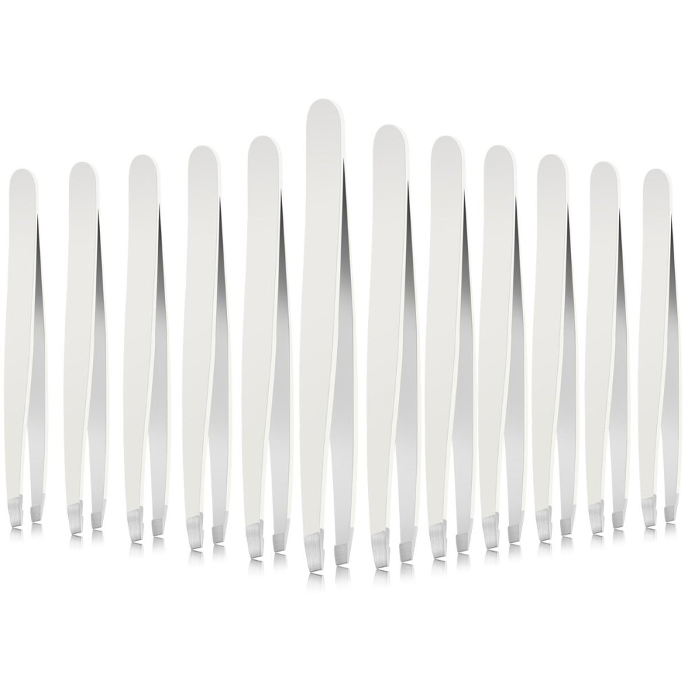 Mudder 12 Pcs Eyebrow Tweezers Set for Facial Hair Stainless Steel Slanted Tip Tweezers in Bulk for Men and Women (White)