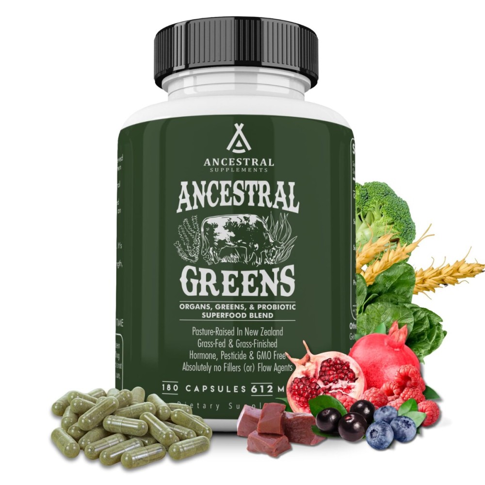 Ancestral Supplements Greens Powder Capsules, Organic Superfood Greens & Reds Blend with Spirulina, Chlorella, Grass Fed Beef Organs, and Probiotics for Gut Health, Non GMO, 612mg Each, 180 Count