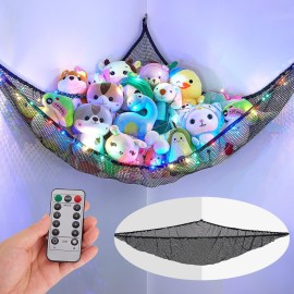 Unicorn Castle Stuffed Animals Net Hammock Kids Toy Storage with LED Light Plush Toy Organizer Corner Hanging Stuffed Animals Holder For Nursery Kids Girls Room Decor
