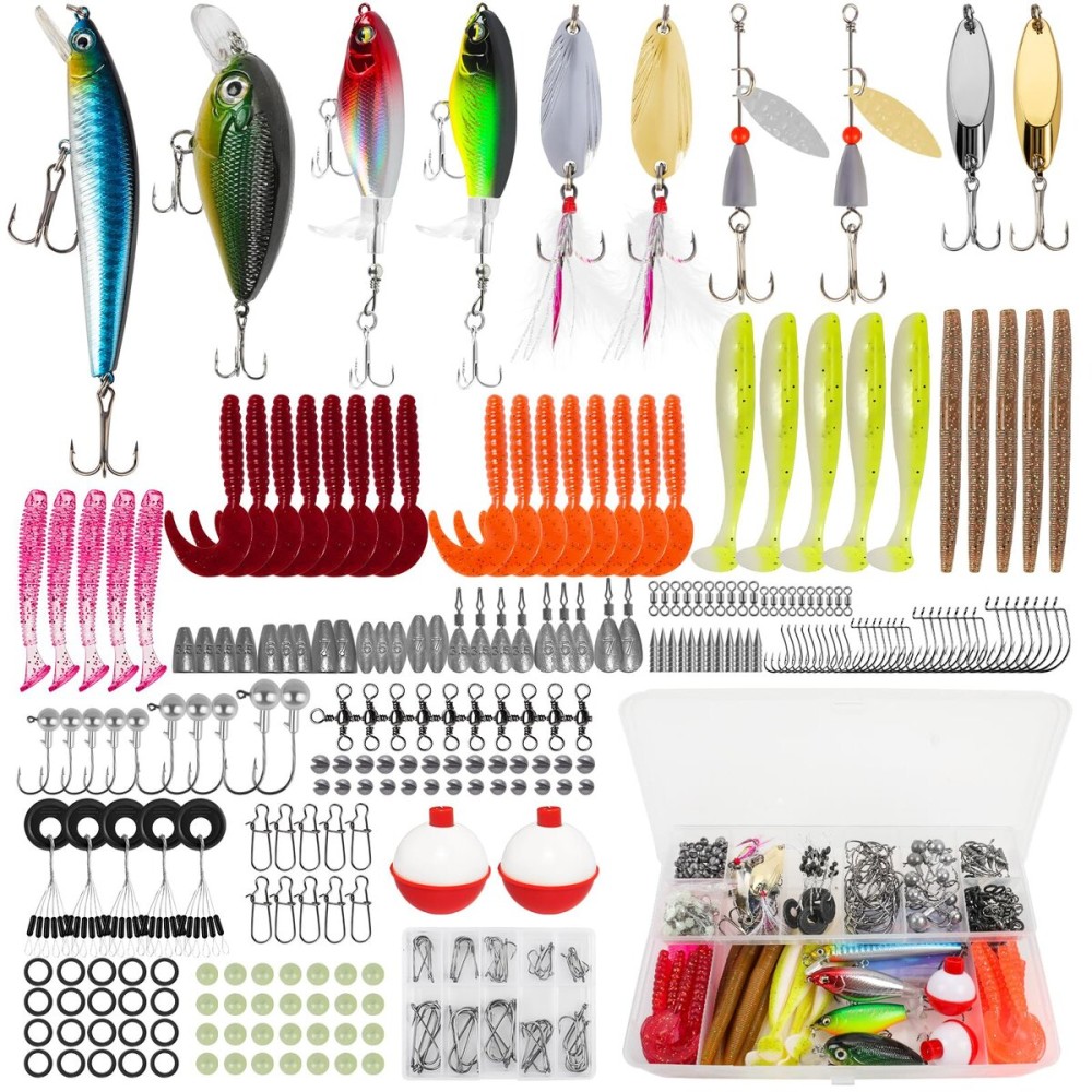 GOANDO 404pcs Fishing Accessories Kit,Fishing Lures for Bass Trout Salmon,Fishing Tackle Box with Tackle Included for Freshwater and Saltwater,Fishing Gear and Equipment