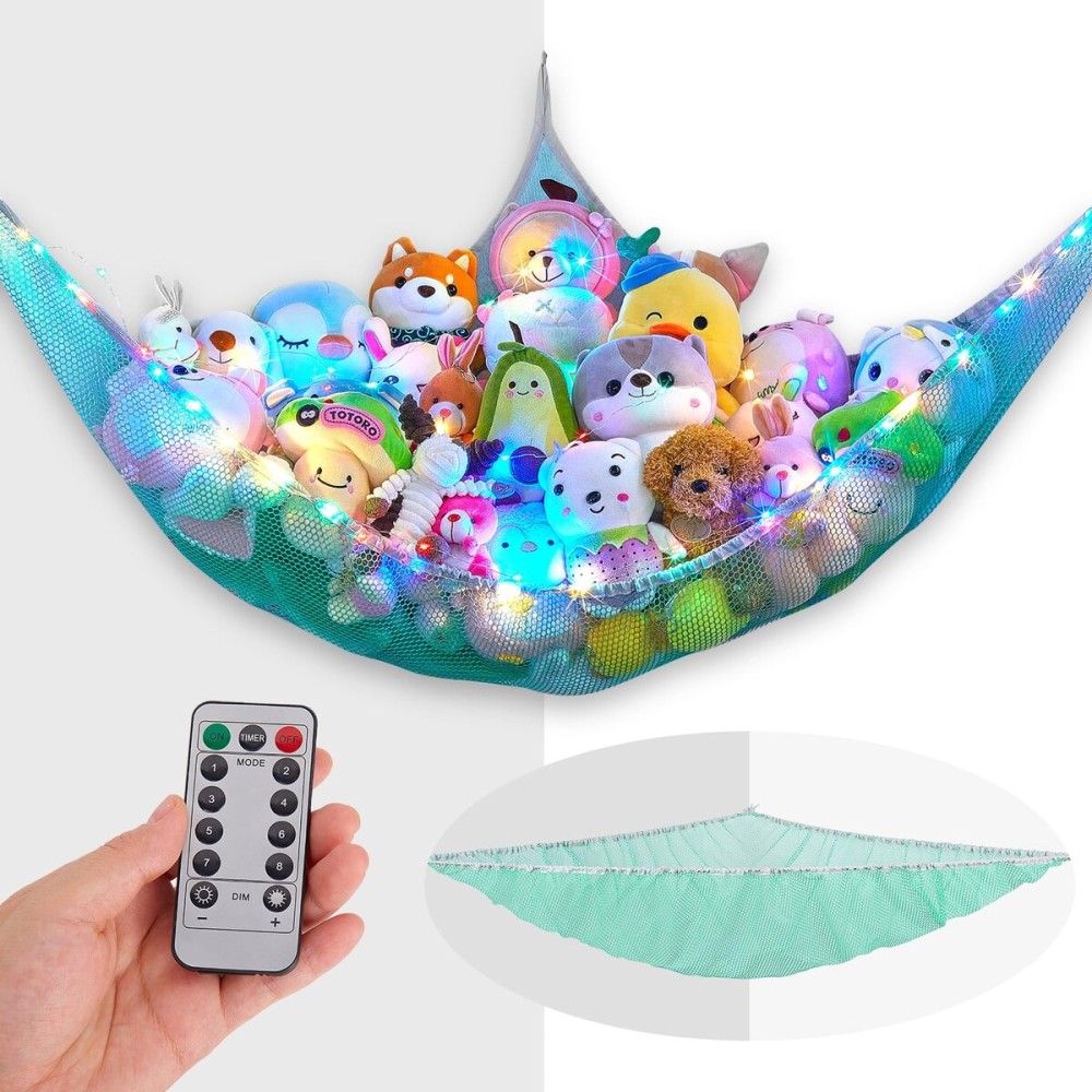 Unicorn Castle Stuffed Animals Net Hammock Kids Toy Storage with LED Light Plush Toy Organizer Corner Hanging Stuffed Animals Holder For Nursery Kids Girls Room Decor