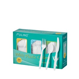 FULING White Plastic Forks Spoons Knives Heavyweight Utensils Disposable Silverware Heavy Duty Cutlery Set [300 Combo Box]