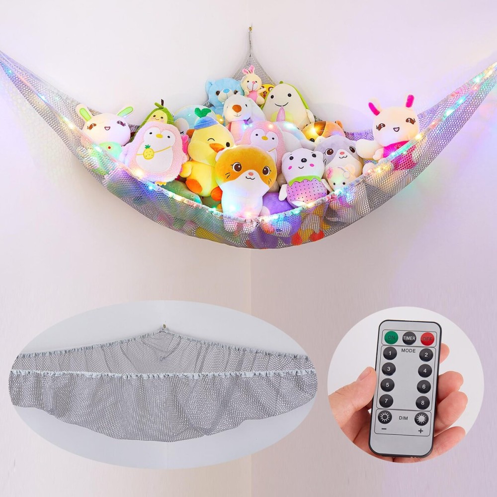 Basumee Stuffed Animals Net or Hammock with LED Light Hanging Toy Net Hammock for Stuffed Animals Storage Stuff Animals Hammocks for Nursery Kids Room with Remote Control, 8 Kinds of Lights(Pack of 1)