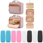 Travel Hanging Toiletry Bag for Women, Large Makeup Bag 8 Leak Proofing Silicone Bottle Covers, Waterproof Cosmetic Bag with Jewelry Organizer Compartment, Toiletries Kit Set, Pink
