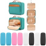 Travel Hanging Toiletry Bag for Women, Large Makeup Bag 8 Leak Proofing Silicone Bottle Covers, Waterproof Cosmetic Bag with Jewelry Organizer Compartment, Toiletries Kit Set, Blue