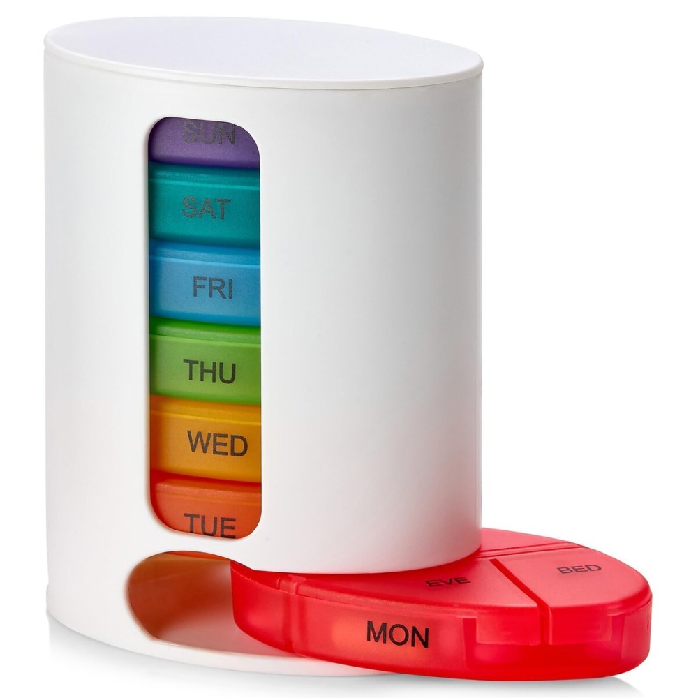 MEDca Weekly Pill Organizer, 1 Dispenser, 7 Stackable Multi-Color Compartments Four Times-a-Day - Morning, Noon, Evening, and Bedtime, White