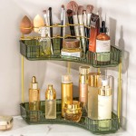 NATURE\'S SOURCE Makeup Organizer for Vanity, 2-Tier Corner Bathroom Organizer Countertop with Makeup Brush Holder, Corner Counter Storage for Bathroom Dresser- Green