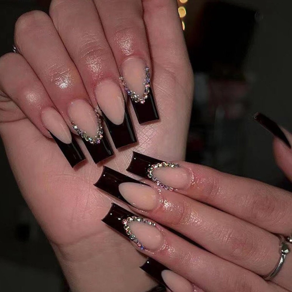 DANMANR Square Fake French Nails False Long Nails Full Cover Acrylic Long Fake Nails for Women and Girls 24PCS (Color 9)