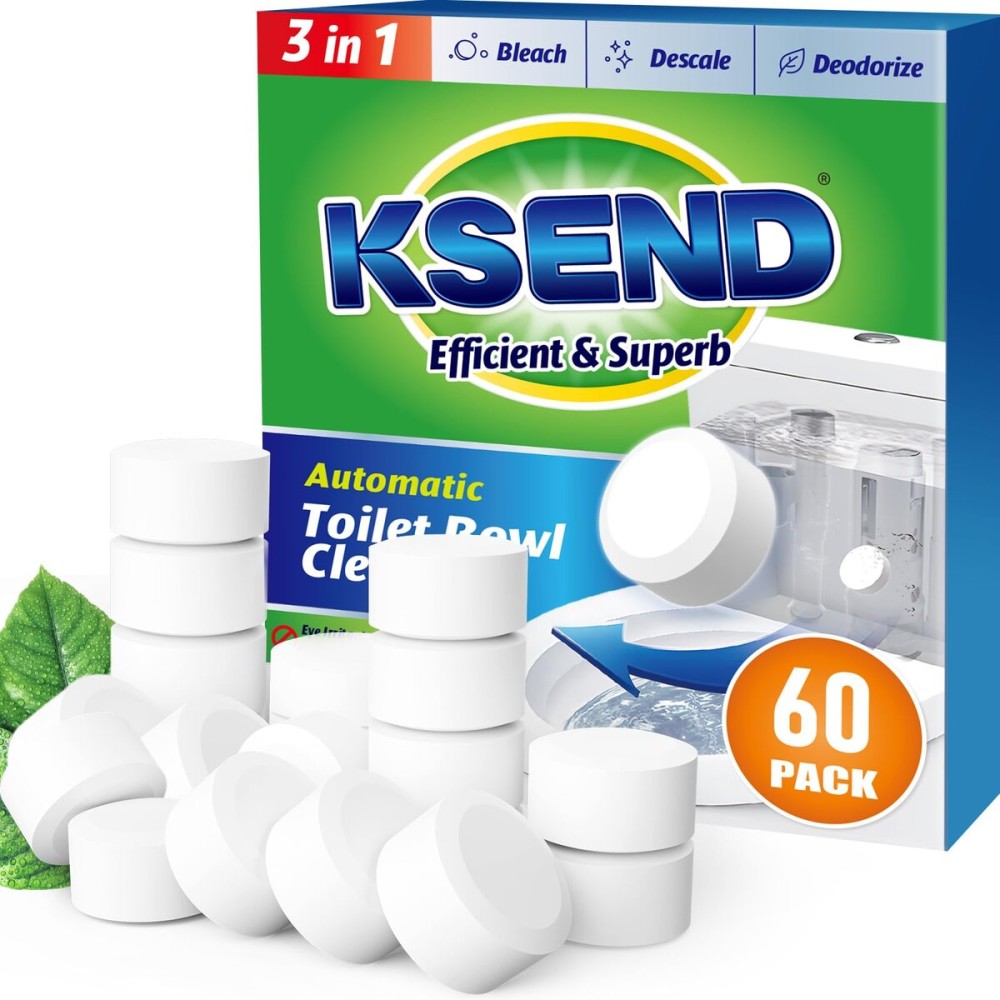 Ksend Toilet Bowl Cleaner Tablets - 60 PCS Automatic Bleach Toilet Cleaner Tablets, Slow-Releasing Deodorizing & Descaling, Powerful Bathroom Tank Cleaner