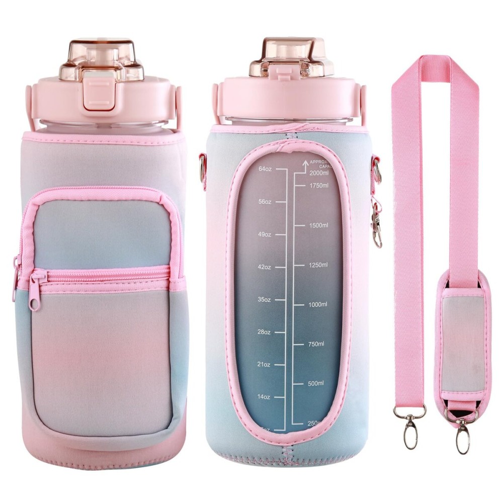 Half Gallon Water Bottle with Sleeve & Strap 64 OZ Motivational Water Bottles with Straw Large Wide Mouth Water Jug with Time Marker for Fitness, Gym and Outdoor Sports, Leak-proof & BPA Free,