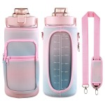 Half Gallon Water Bottle with Sleeve & Strap 64 OZ Motivational Water Bottles with Straw Large Wide Mouth Water Jug with Time Marker for Fitness, Gym and Outdoor Sports, Leak-proof & BPA Free,