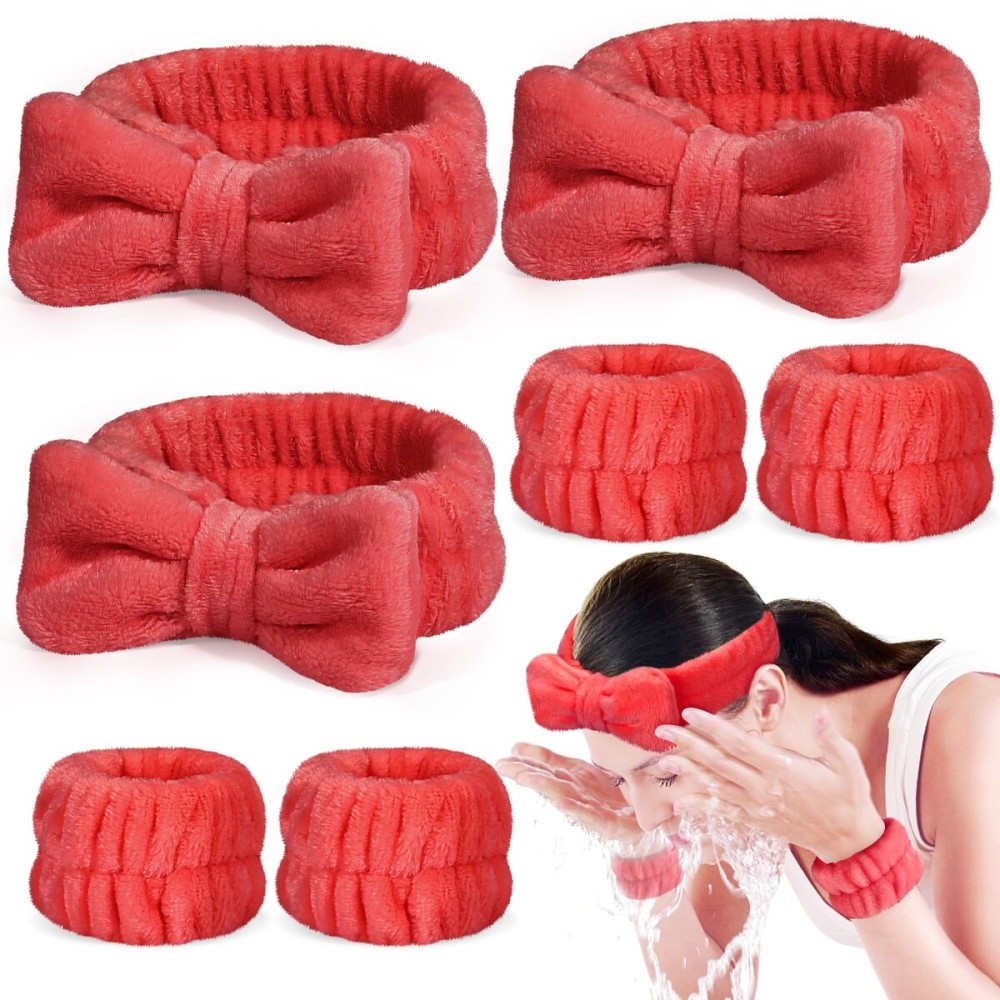 Crosize 7 Pack Cute Spa Skin Care Hairband and Wristband Set for Women, Red, Microfiber, for Makeup, Face Wash, Mask, Exercise, Showering