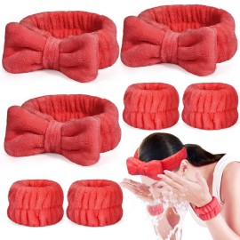 Crosize 7 Pack Cute Spa Skin Care Hairband and Wristband Set for Women, Red, Microfiber, for Makeup, Face Wash, Mask, Exercise, Showering