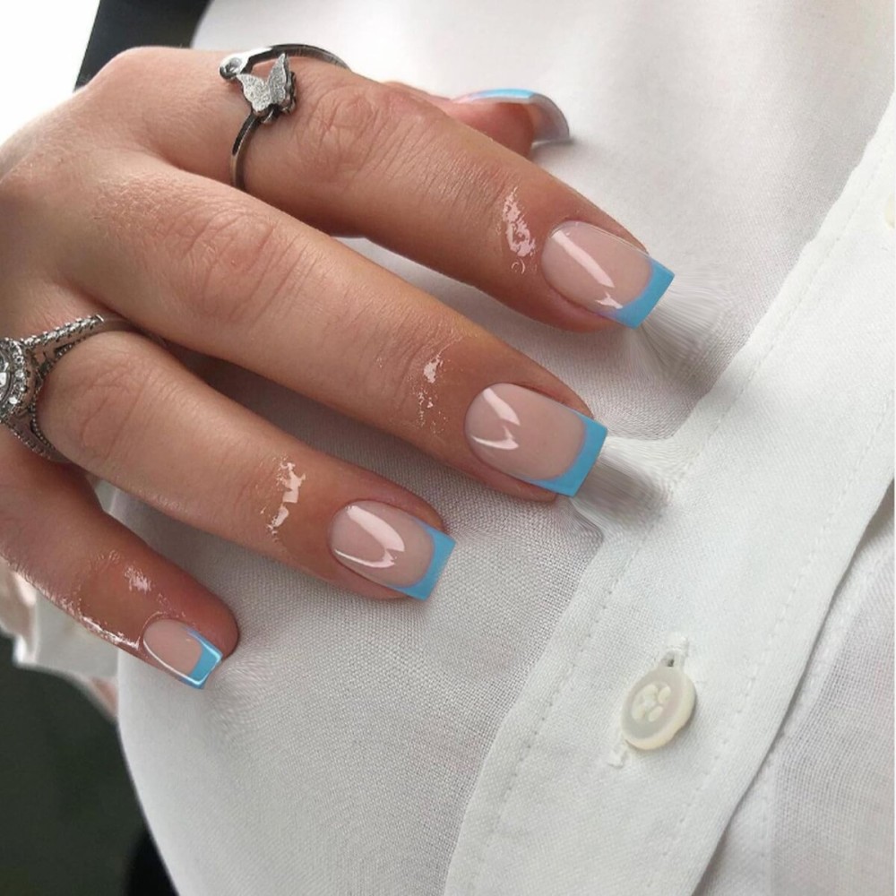 Sky Blue French Tip Press on Nails Short Square Nails Press ons French Tip Glue on Nails for Women DIY Acrylic French Nails Short Gel Nails, Natural Thick Extra Short French Fake Nails 30Pcs 15 Sizes