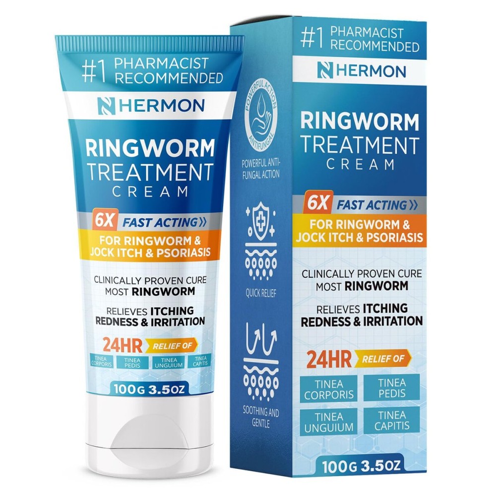 Hermon Powerful Antifungal Ringworm Cream - Effective Treatment for Stubborn Ringworm, Jock Itch, Eczema, Tinea Versicolor, Athlete\'s Foot - for Adults and Kids - 100ml