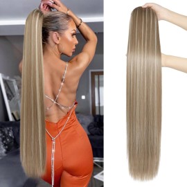 SEIKEA 35 Ponytail Extensions Drawstring Long Straight Fake Pony Tail Natural Soft Clip in Hair Extension Synthetic Heat Resistant Hairpiece Ash Brown with Blonde Hightlights