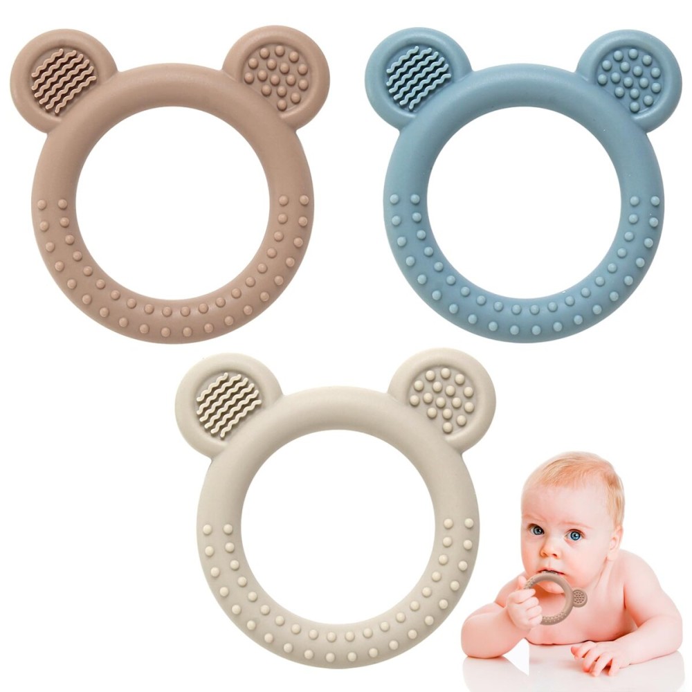 Eascrozn Teething Toys 3-6 Months, 3 Pack Silicone Teethers for Babies 6-12 Months, BPA Free Soft Textured Teething Relief Soothing Sore Gums Baby Essentials