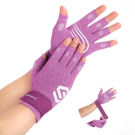 Duerer Arthritis Compression Gloves with Straps, Women Men for RSI, Carpal Tunnel, Rheumatoid, Tendonitis, Hand Pain, Hand Support. Fingerless Gloves for Computer Typing and Daily work (Purple, M)