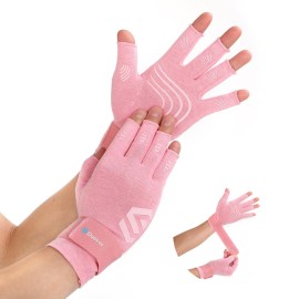 Duerer Arthritis Compression Gloves with Straps, Women Men for RSI, Carpal Tunnel, Rheumatoid, Tendonitis, Hand Pain, Hand Support. Fingerless Gloves for Computer Typing and Daily work (Pink, L)