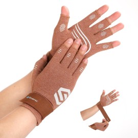 Duerer Arthritis Compression Gloves with Straps, Women Men for RSI, Carpal Tunnel, Rheumatoid, Tendonitis, Hand Pain, Hand Support. Fingerless Gloves for Computer Typing and Daily work (Brown, M)