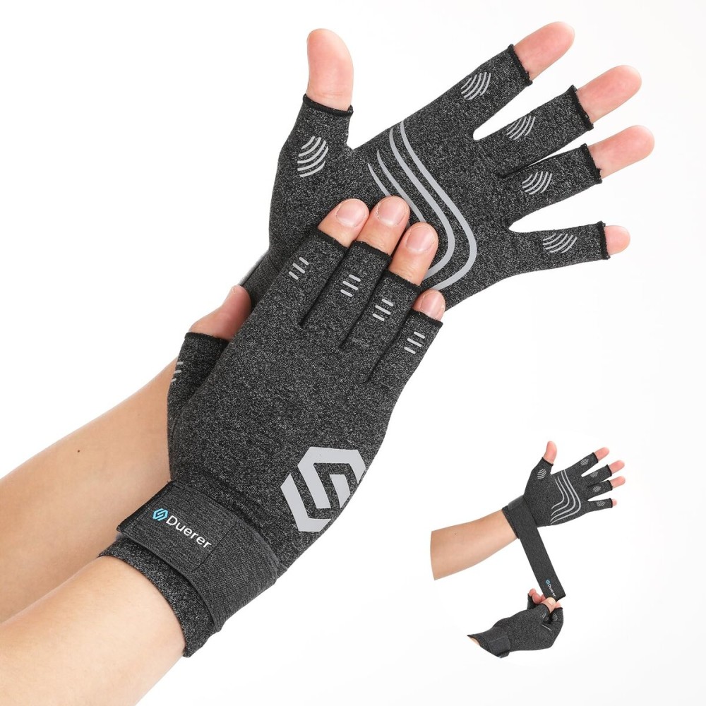 Duerer Arthritis Compression Gloves with Straps, Women Men for RSI, Carpal Tunnel, Rheumatoid, Tendonitis, Hand Pain, Hand Support. Fingerless Gloves for Computer Typing and Daily work (Grey, M)