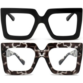 AIEYEZO Oversized Square Blue Light Glasses for Women Cute Big Frame Glasses Fashion Clear Multi-Color Computer Eyewear (Black + White Leopard)