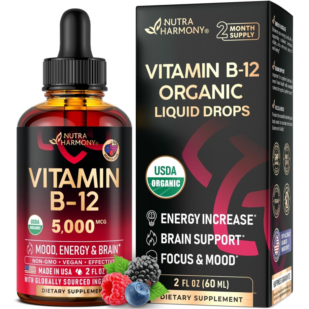 USDA Organic Vitamin B12 Sublingual Drops - 5000 mcg Liquid Vegan Methylcobalamin for Women & Men - Energy Boost, Focus & Mood, Brain Health Support - Maximize Absorption - 2 Month Supply, 2 fl oz