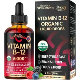 USDA Organic Vitamin B12 Sublingual Drops - 5000 mcg Liquid Vegan Methylcobalamin for Women & Men - Energy Boost, Focus & Mood, Brain Health Support - Maximize Absorption - 2 Month Supply, 2 fl oz