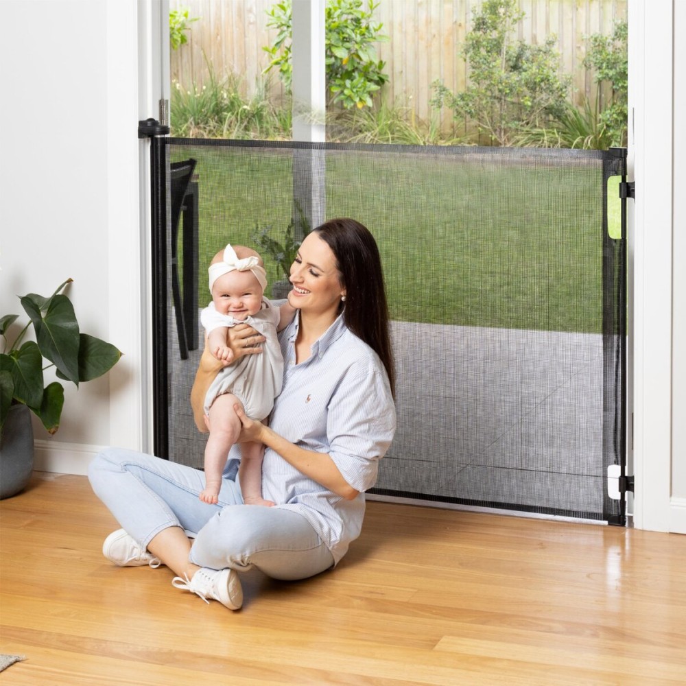 Retractable Baby Gate Perma Child Safety 41 Tall x 71 Wide, Mesh, for Stairs, Doorways, Dogs, Pets, Indoor, Outdoor, One-Handed Operation, Locking, Easy Install, Hardware Mount, Black