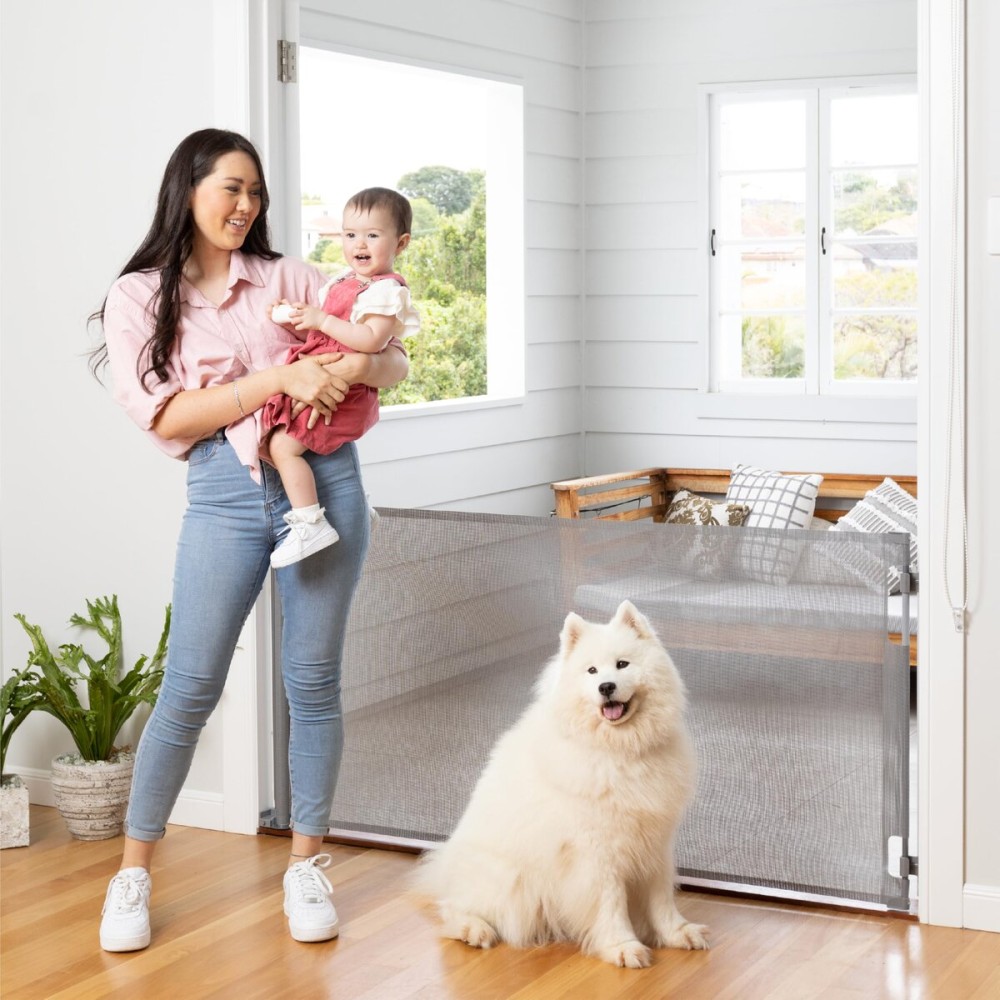 Retractable Baby Gate Perma Child Safety 33 Tall x 71 Wide, Mesh, for Stairs, Doorways, Dogs, Pets, Indoor, Outdoor, One-Handed Operation, Locking, Easy Install, Hardware Mount, Gray