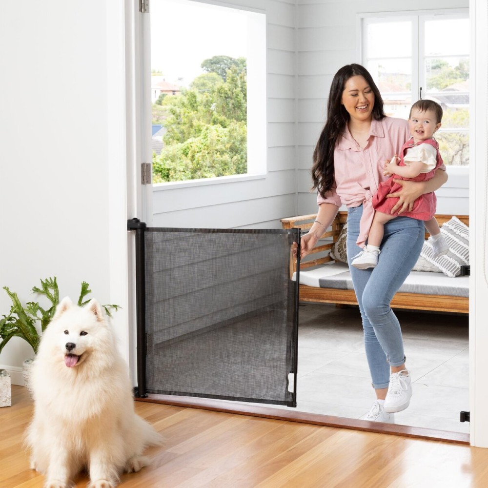 Retractable Baby Gate Perma Child Safety 33 Tall x 71 Wide, Mesh, for Stairs, Doorways, Dogs, Pets, Indoor, Outdoor, One-Handed Operation, Locking, Easy Install, Hardware Mount, Black