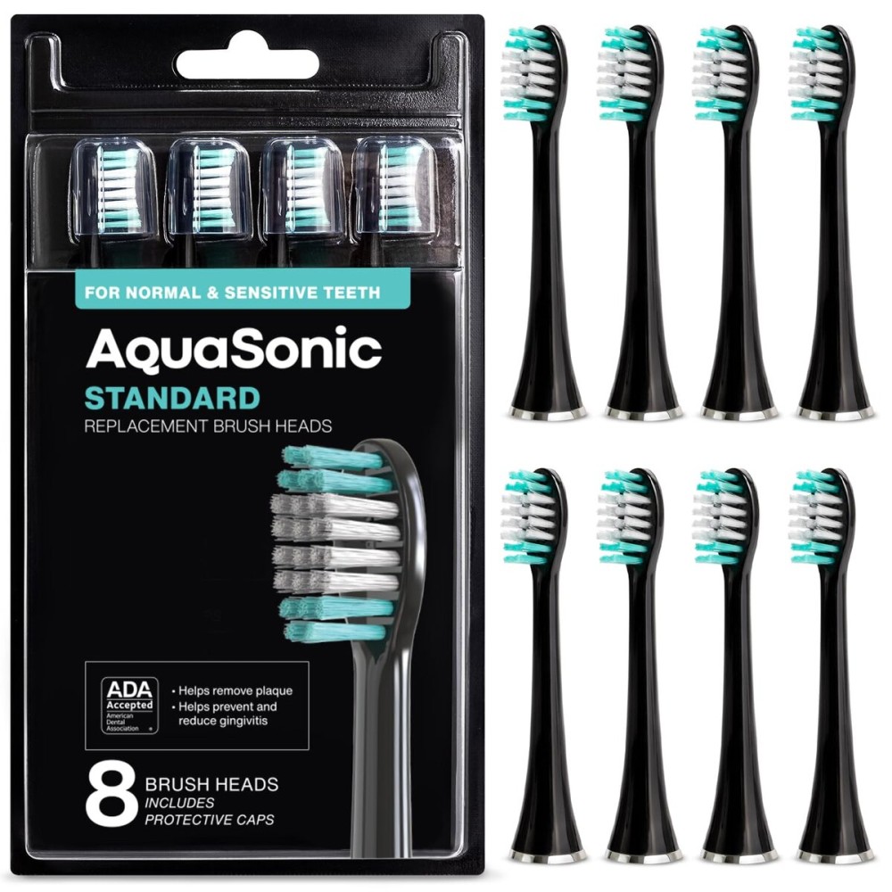 AquaSonic Genuine Standard Replacement Brush Heads | ADA Accepted | for Normal & Sensitive Teeth | Compatible with Many AquaSonic Toothbrush Handles (8 Pack Black)