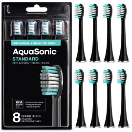 AquaSonic Genuine Standard Replacement Brush Heads | ADA Accepted | for Normal & Sensitive Teeth | Compatible with Many AquaSonic Toothbrush Handles (8 Pack Black)