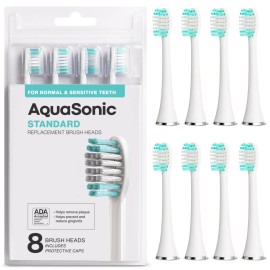 AquaSonic Genuine Standard Replacement Brush Heads | ADA Accepted | for Normal & Sensitive Teeth | Compatible with Many AquaSonic Toothbrush Handles (8 Pack White)