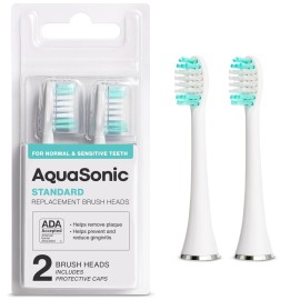 AquaSonic Genuine Standard Replacement Brush Heads | ADA Accepted | for Normal & Sensitive Teeth | Compatible with Many AquaSonic Toothbrush Handles (2 Pack White)