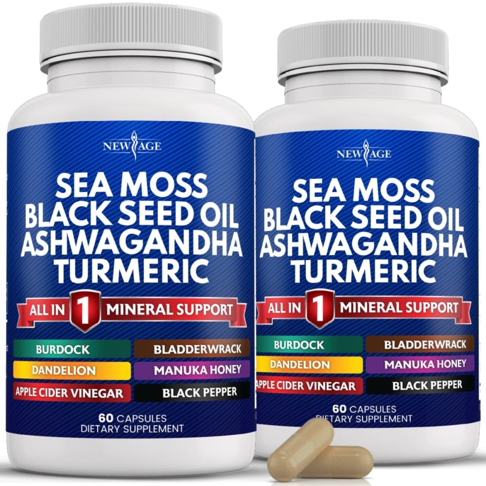 NEW AGE Sea Moss Capsules, Black Seed Oil Ashwagandha Turmeric Bladderwrack Burdock - with Manuka, Honey Dandelion, ACV Black Pepper Gluten Free