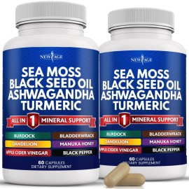 NEW AGE Sea Moss Capsules, Black Seed Oil Ashwagandha Turmeric Bladderwrack Burdock - with Manuka, Honey Dandelion, ACV Black Pepper Gluten Free
