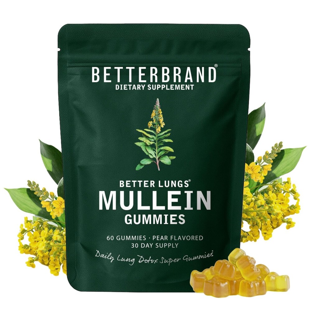 Betterbrand Mullein Chewable Gummies for Lung Cleanse and Detox, Respiratory Health Supplement, 1000mg Mullein Extract per Serving, 60 Gummies - 30 Day Supply - Pear Flavored