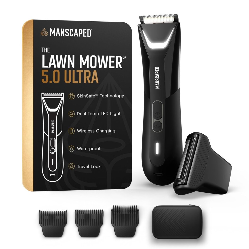 MANSCAPED The Lawn Mower 5.0 Ultra Groin & Body Hair Trimmer - Dual-Head SkinSafe Trimmer & Foil Blades, Waterproof Wet/Dry Groomer, USB-C Rechargeable with Travel Case, Mens Ball Shaver, Black