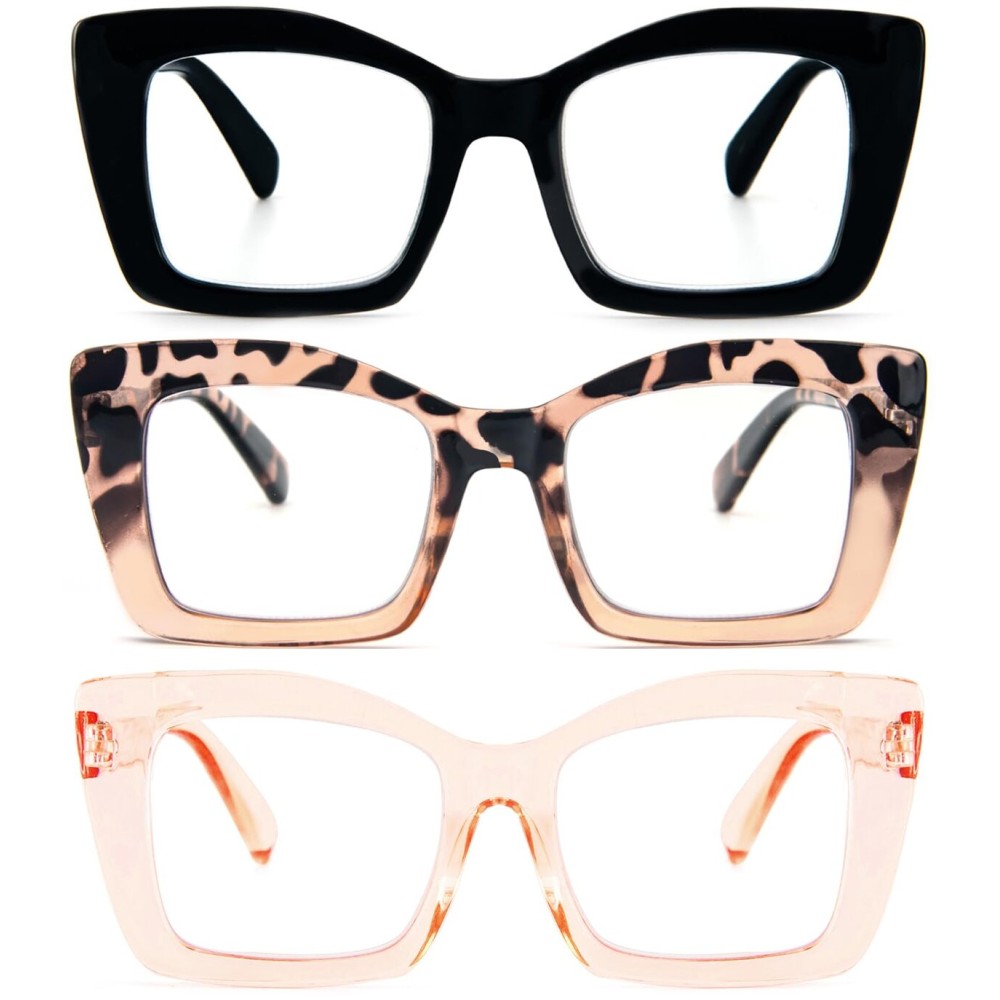 REAVEE 3 Pack Oversized Square Reading Glasses Oprah Style for Women, Blue Light Blocking Large Frame Computer Designer Fashion Readers with Spring Hinge (Black/Tortoise Tea/Tea,1.0)