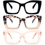 REAVEE 3 Pack Oversized Square Reading Glasses Oprah Style for Women, Blue Light Blocking Large Frame Computer Designer Fashion Readers with Spring Hinge (Black/Tortoise Tea/Tea,2.5)